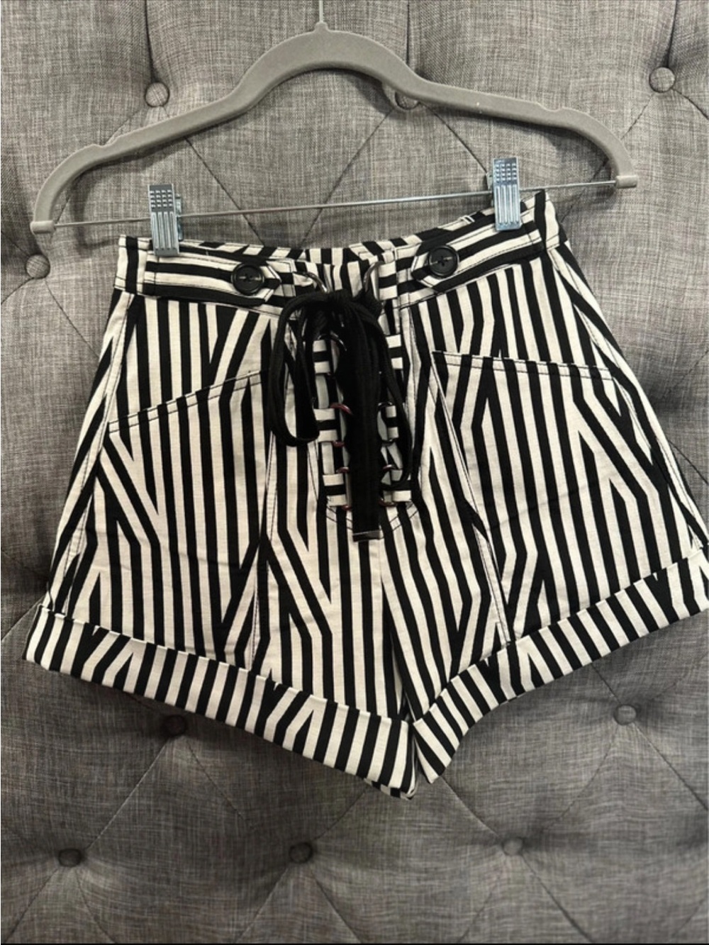Self-Portrait Black and White Striped High-Waist Lace-Up Shorts